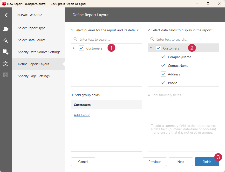 VCL Reports: Report Wizard — Select the Target Query and Data Fields