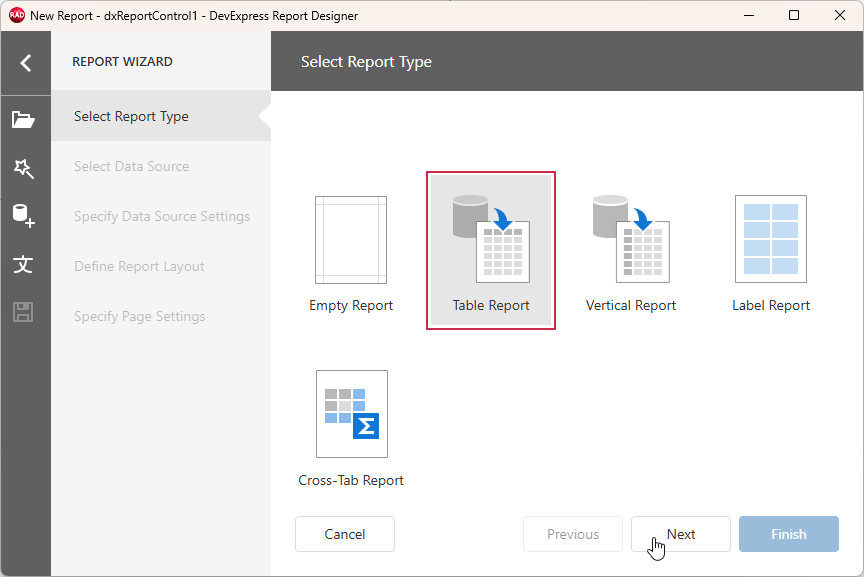 VCL Reports: Report Wizard — Select the "Table Report" Type
