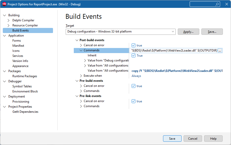 VCL Reports: Project Settings for the Generated Project