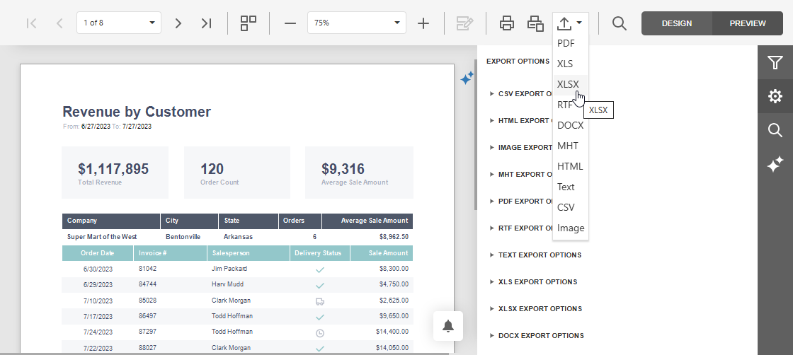 VCL Reports: Export Formats Available in the Report Designer Dialog