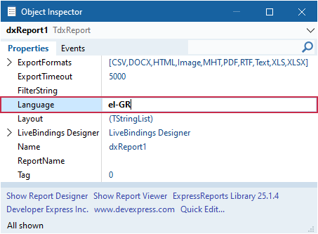 VCL Reports: The TdxReport.Language Property at Design Time