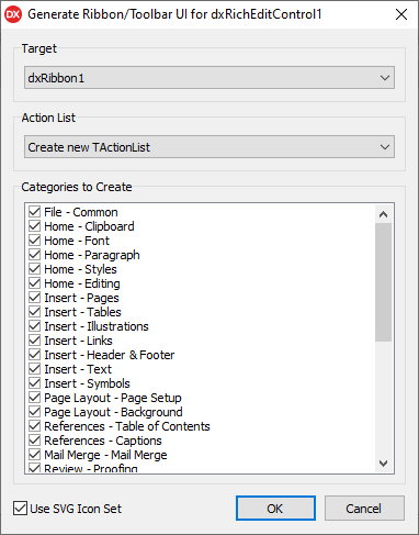 The Generate Ribbon/Toolbar UI Dialog