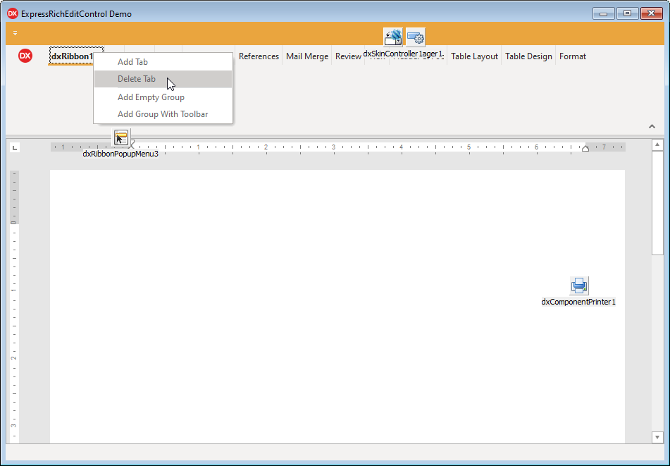 Delete the dxRibbon1Tab1 Tab