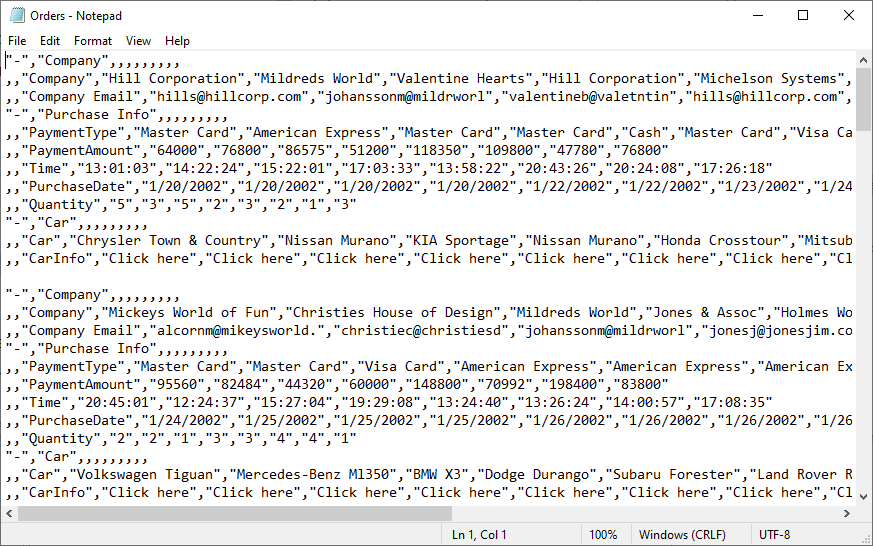 Exported Data in CSV Format