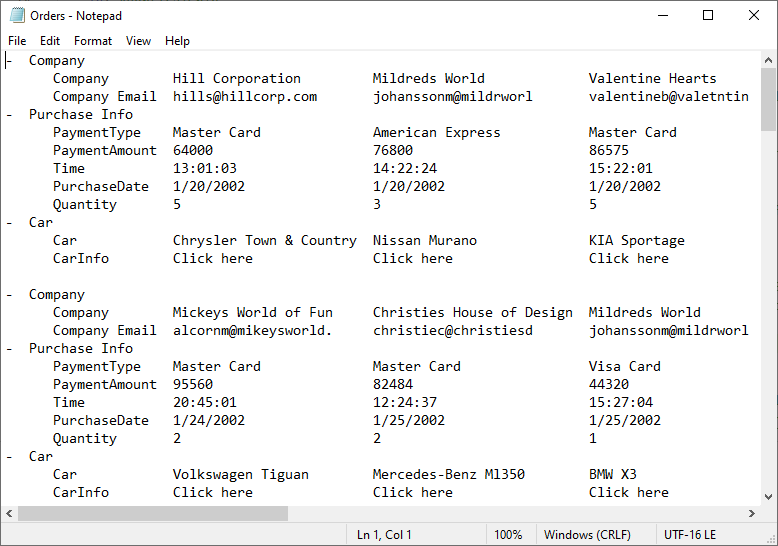 Exported Data in Plain Text Format