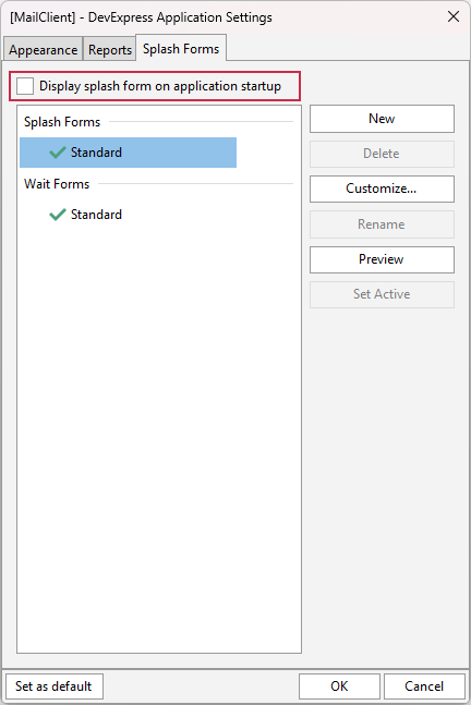 VCL Application: The "DevExpress Application Settings" Dialog — Splash Forms