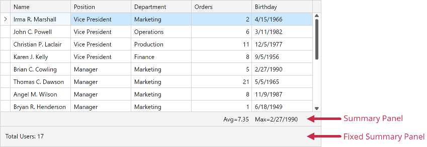 Data Grid - Total Summary Panels