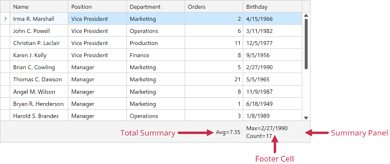 Data Grid - Total Summary Panel