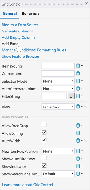 Data Grid - Create Bands Quick Actions