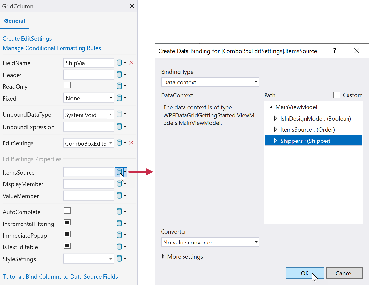 GridControl Tutorial ComboBoxEditSettings ItemsSource