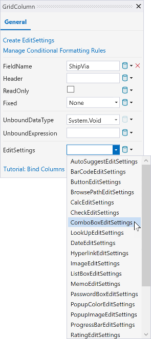 GridControl Tutorial ComboBoxEditSettings