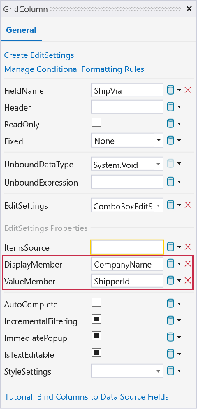 GridControl Tutorial ComboBoxEditSettings ValueMember