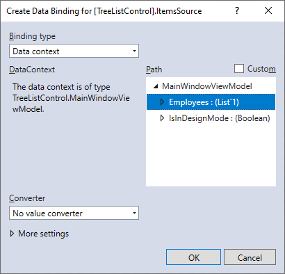 TreeListControl Binding Dialog Window