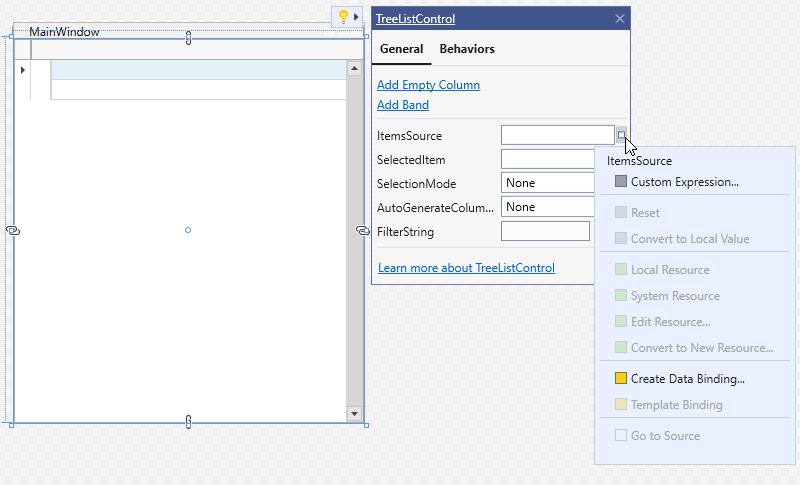 TreeListControl ItemsSource Menu