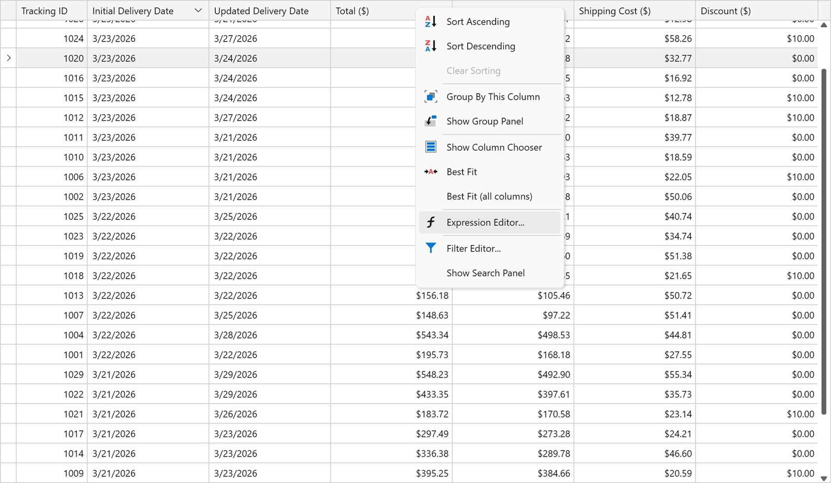 Open the Expression Editor - WPF Data Grid, DevExpress
