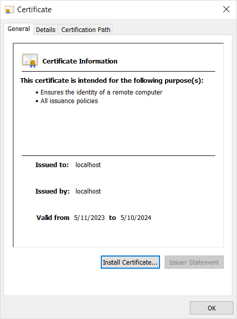 Certificate dialog