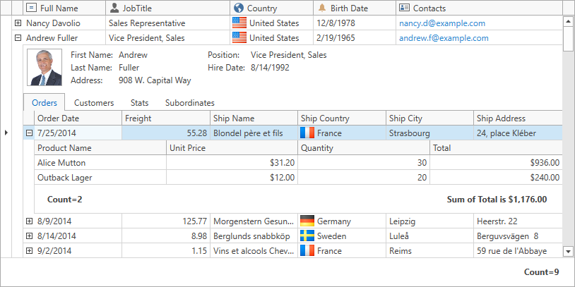 devexpress wpf gridcontrol treeview example