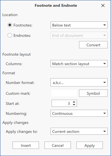 footnote and endnote dialog