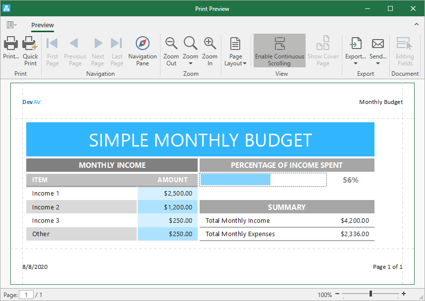 WPF Spreadsheet - Add headers and footers