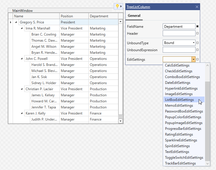 TreeListControl EditSettings Quick Actions