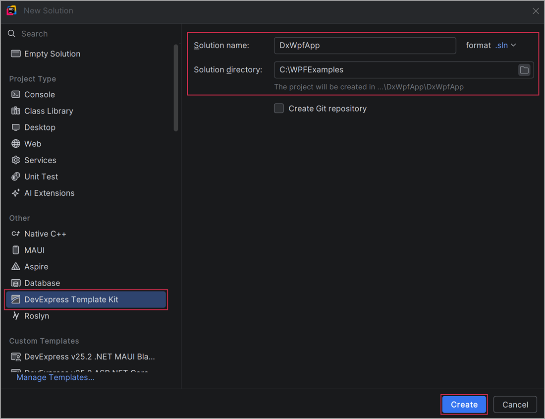 DevExpress Template Kit for Rider - New Solution Dialog