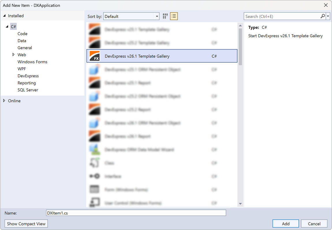 DevExpress Template Gallery - Add Item Template Config