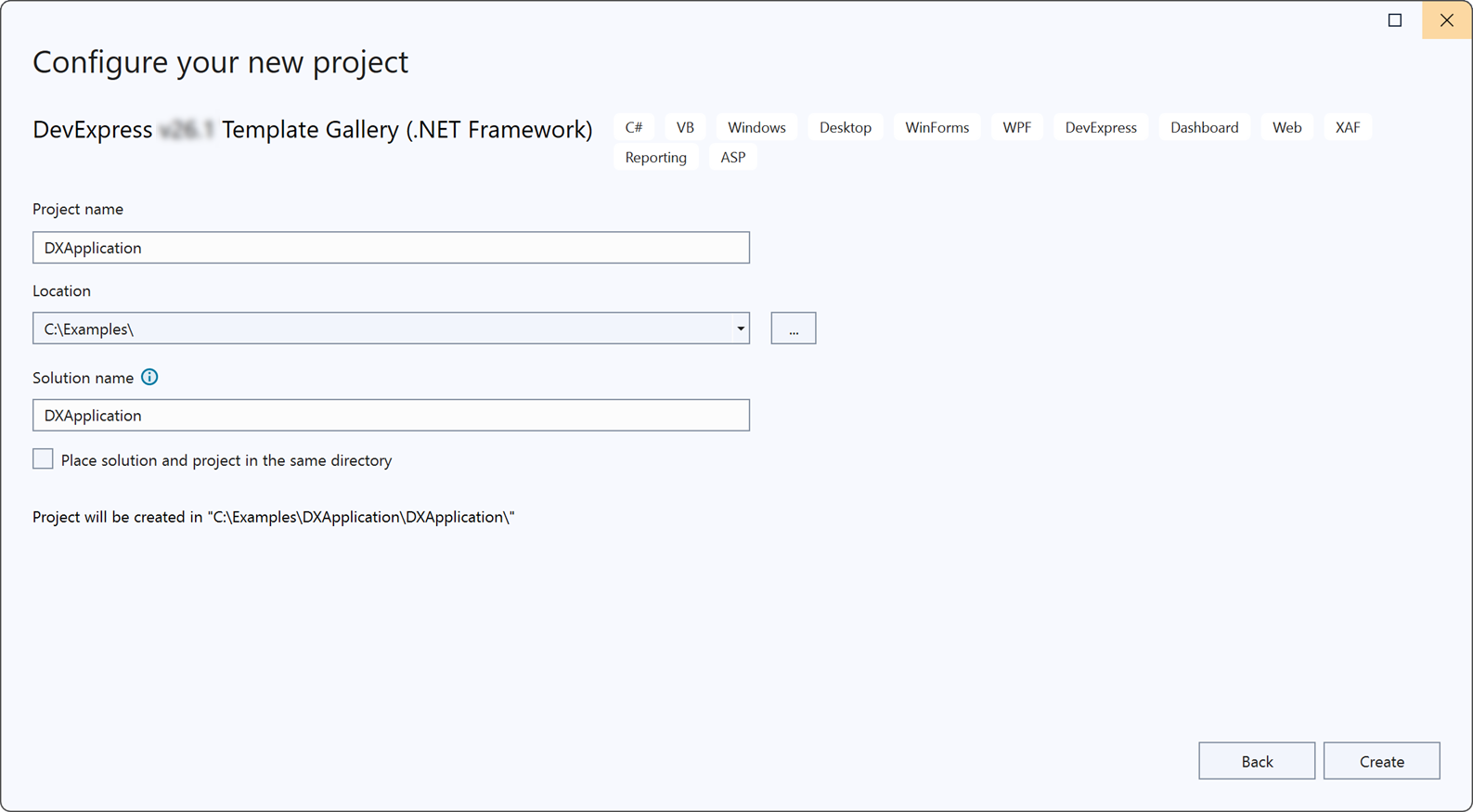 DevExpress Template Gallery - Configure New Project