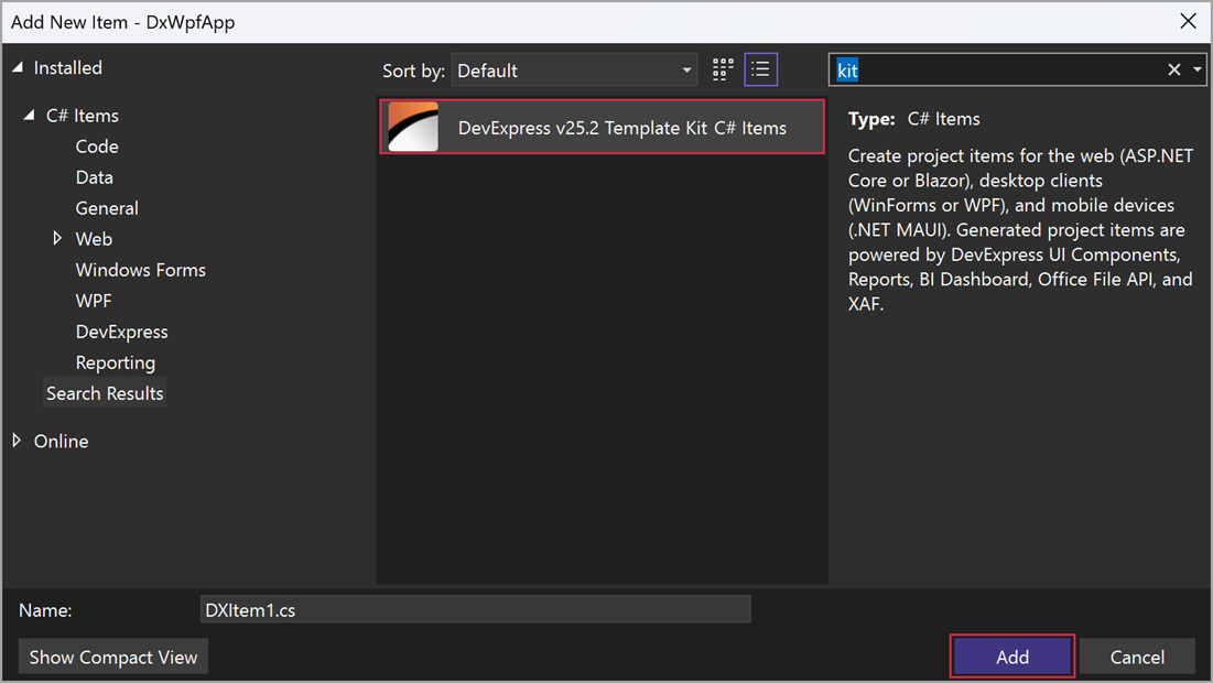 DevExpress Template Kit - Add Item Template Window