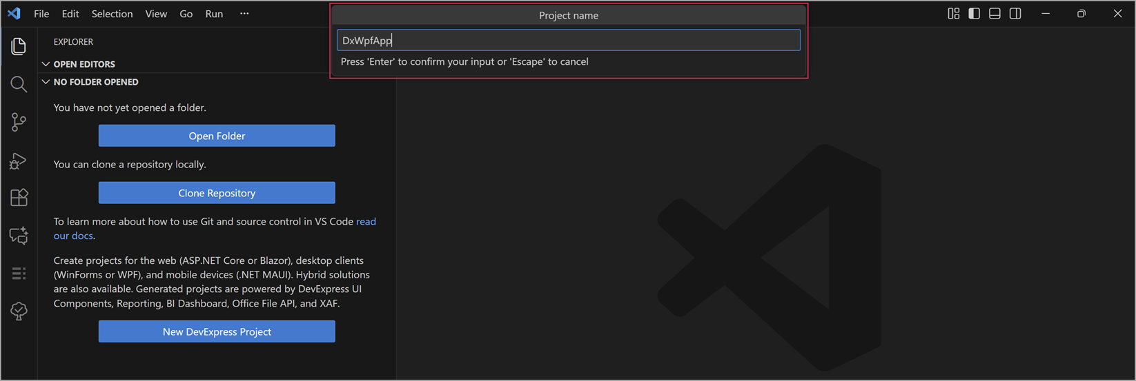 DevExpress Template Kit for VS Code - Specify Project Name