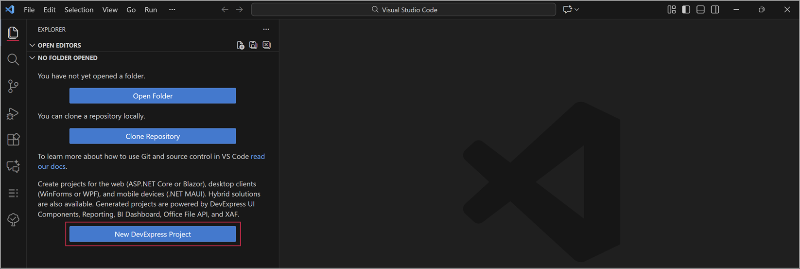 DevExpress Template Kit for VS Code - Create New Project