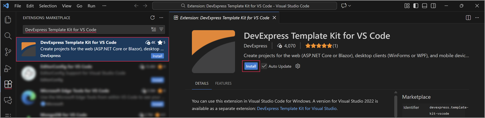 DevExpress Template Kit for VS Code - Install Extension