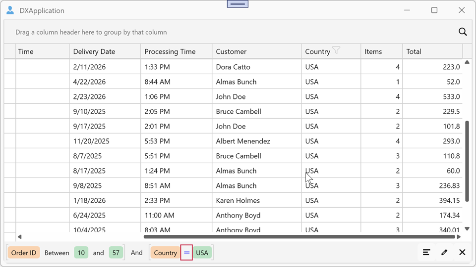 Filter Panel - Comparison Operator Foreground