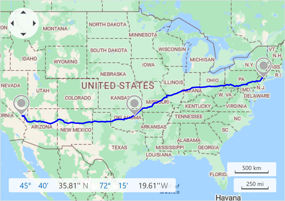 DevExpress MapControl for WPF - A route calculated through three waypoints
