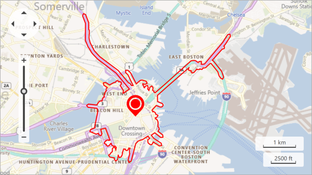 Time-based isochrone calculated based on traffic