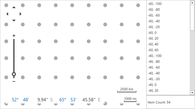 A map with a list of visible dots