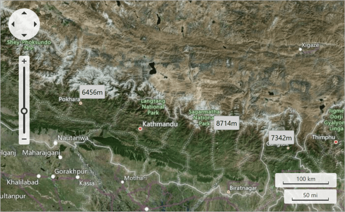 A callout shows elevation for a geographical point