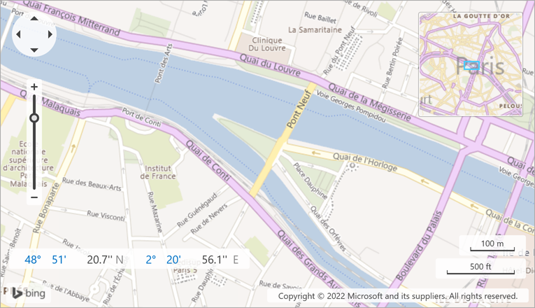 A map with tiles that are loaded from Bing Maps (Road mode).<br/>_The image above is created based on the following demo: [Bing Maps Provider](dxdemo://Wpf/DXMap/MainDemo/BingMapsProvider)_