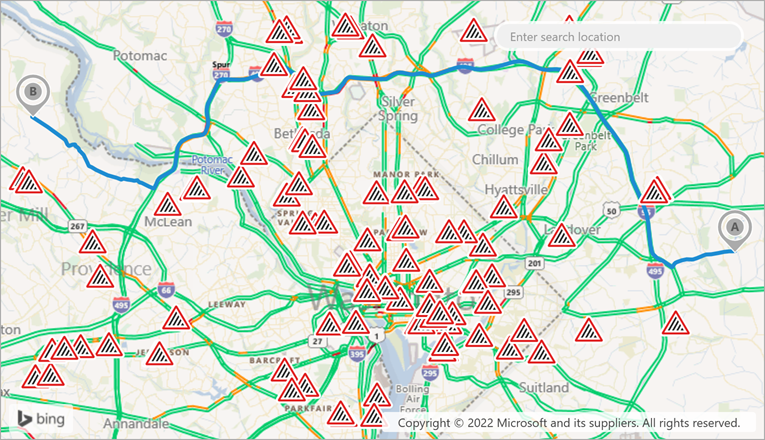 This map shows traffic incidents.<br/>_The image above is created based on the following demo: [Traffic and Incidents](dxdemo://Wpf/DXMap/MainDemo/TrafficAndIncidents)_
