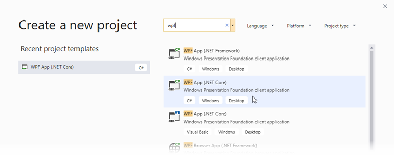 .net core create wpf app