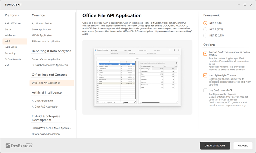 Office File API app in DevExpress Template Kit