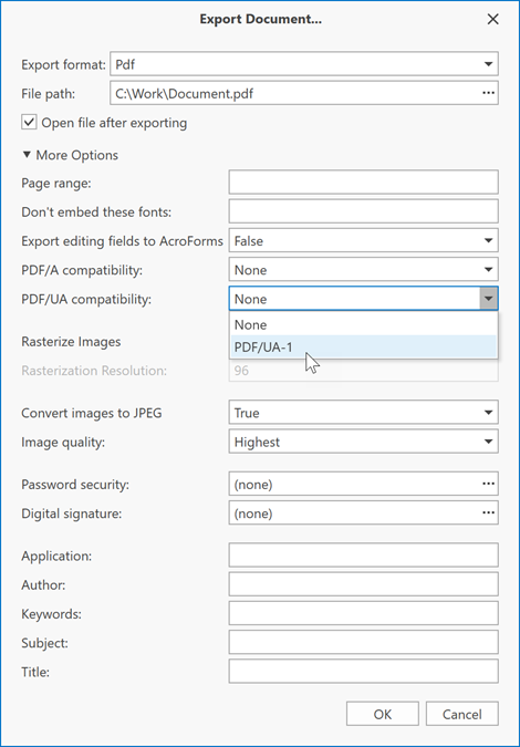 PDF Export Options Dialog