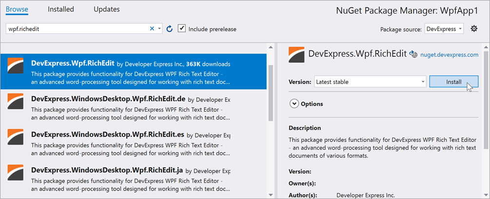 Add the RichEdit NuGet Package