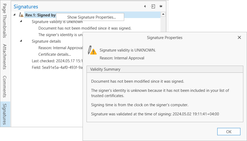 Show Signature Properties