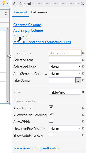 WPF GridControl - Quick Actions Add Band