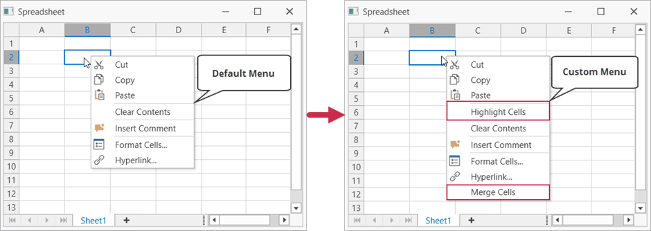Custom context menu for the Spreadsheet control