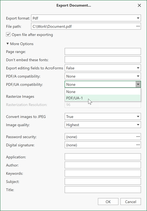 PDF Export Options Dialog