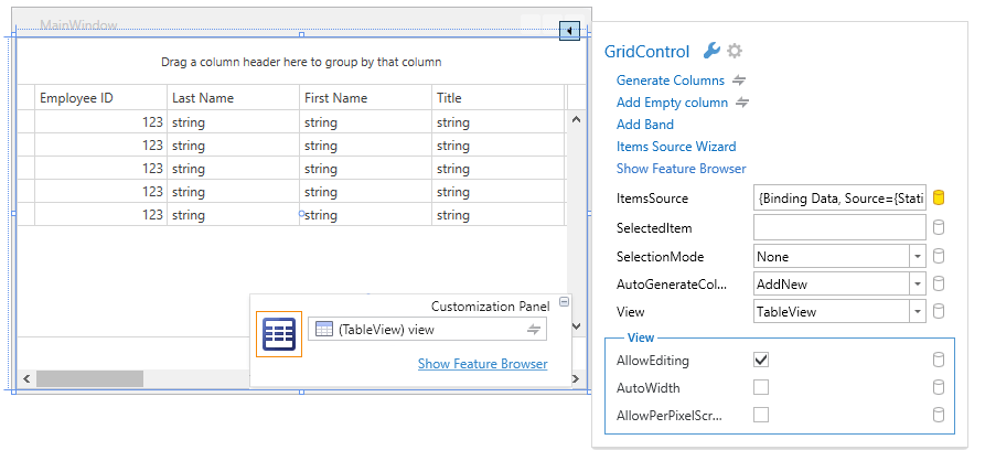 The GridControl smart tags panel