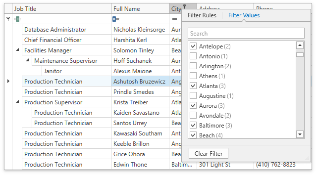 Column Filter Drop-down Menu