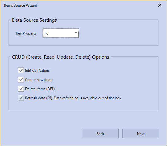 WPF GridControl Items Source Wizard Settings