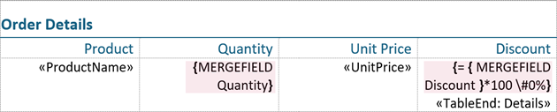 word processing merge fields inserted into a table